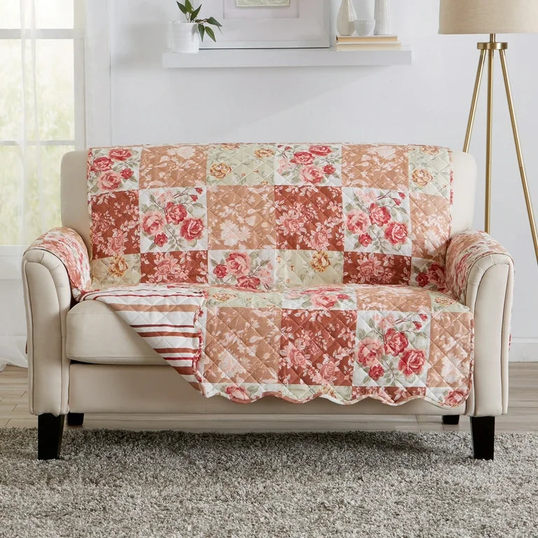 Reversible Quilted Furniture Protector, Machine Washable Slipcover, Loveseat, Burgundy / Taupe