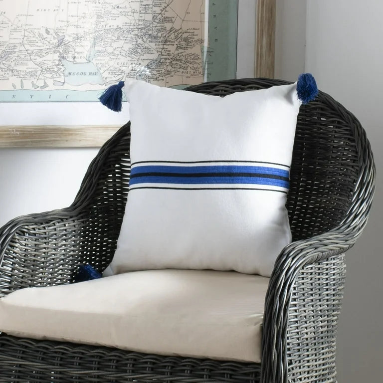 SAFAVIEH Orlanda 16" x 16" Striped Plush Pillow with Fringe, White/Navy