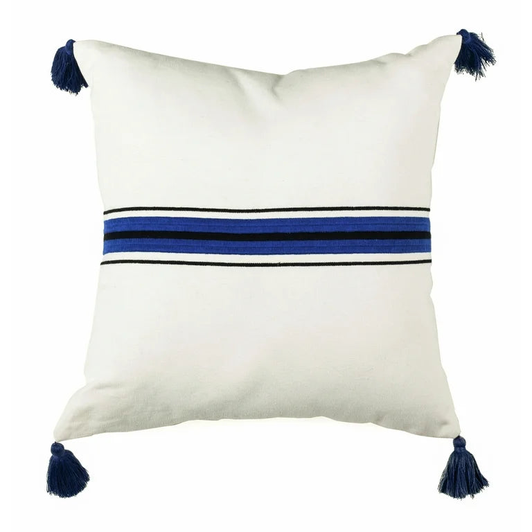 SAFAVIEH Orlanda 16" x 16" Striped Plush Pillow with Fringe, White/Navy