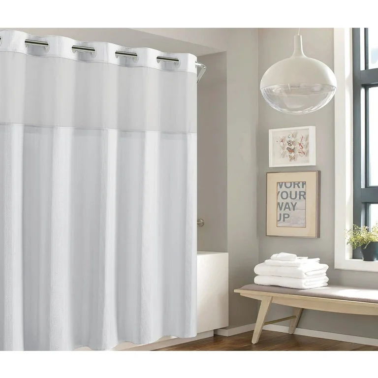 Hookless Waffle Stripe Shower Curtain with Sheer Window, 71 x 74 in, Bright White